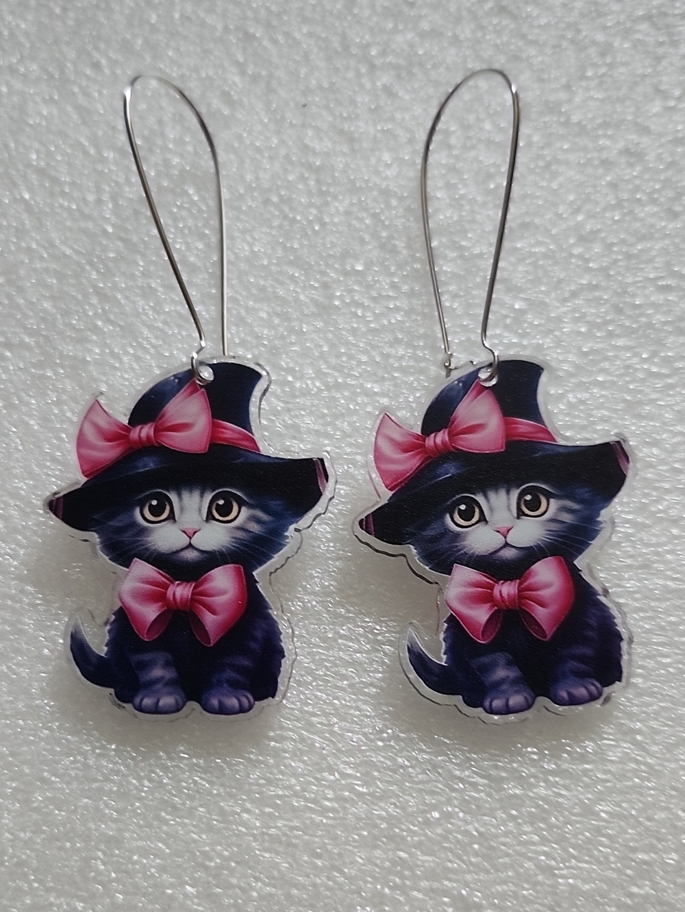 Hand Crafted Black Kitten Earrings with Pink Bows and Hats